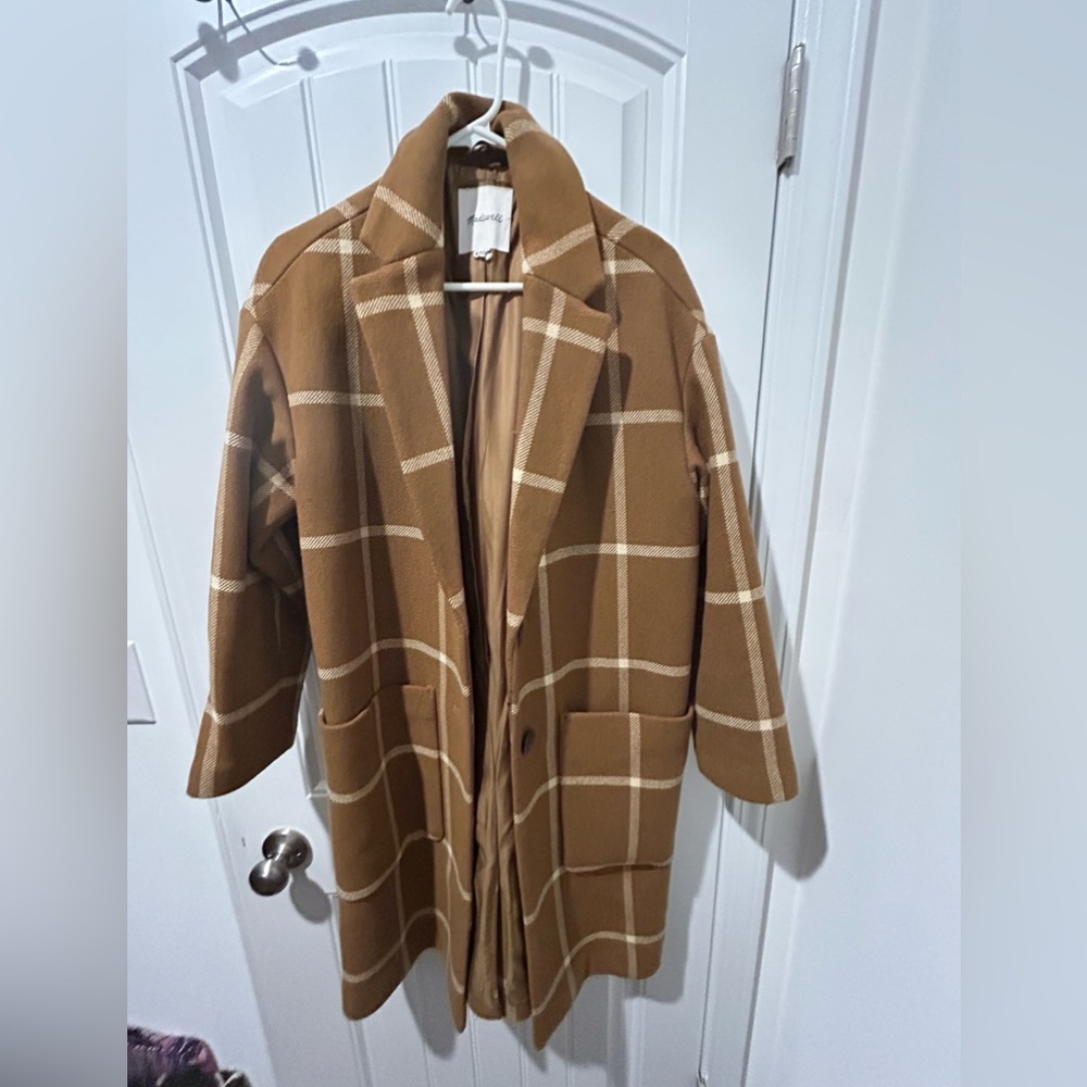 Madewell wool blend checked coat in tan brown, small with relaxed fit